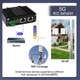 5G PoE Injector - Industrial 5 Gigabit IEEE802.3bt 60W Hardened POE Adapter with 12-48V DC Input DIN- Rail, IP40 Aluminum Case, for 5G Wireless Router/AP/Wi-Fi Range Extender