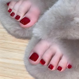 Red Press on Toenails for Women Short Cat Eye Fake Toe Nails Square Toe Nail Press ons Acrylic Toenails Glossy Toe Press on Nails Red Cat Eye Toenail Press ons 24 Pcs