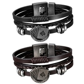 JewelryWe 2PCS Leather Wrap Bracelet Retro Ethnic Poker Playing Card Charm Braided Leather Bracelets for Men Women