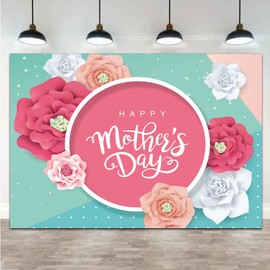 8x6ft Happy Mother's Day Photography Backdrop Pink Flower Photo Green Background for Festival Mother's Day Biethday Party Decoration Banner