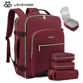 LOVEVOOK TikTokShopRestock  Colorblock Carry-On Travel Backpack with 3 Packing Cubes and Laptop Compartment - Personal Item, TSA-Friendly, Airline Approved Travel Bag for Hiking, Overnight, Weekend, Gift for Valentine's Day:_Red-black _40L
