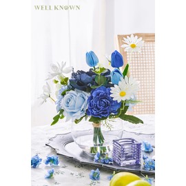 WELL KNOWN Artificial Flowers with Vase Silk Flower Arrangements in Round Bowl Vase with Faux Water for Home Table Decoration (Mixed Blue)