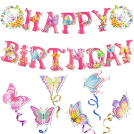 TEAONE Happy Birthday Banner, Butterfly Decorative Banner with Hanging Swirl Streamers for Party Backdrop