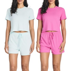 Real Essentials 2 Pack:Women's Soft Ribbed Knit Crop Top & Short Matching Lounge Set - 4 Piece Summer Sweatsuit, Set 8, XX-Large