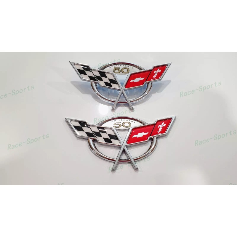 AUTO 2PC Chrome Front Rear 50Th Anniversary Cross Flags Emblems