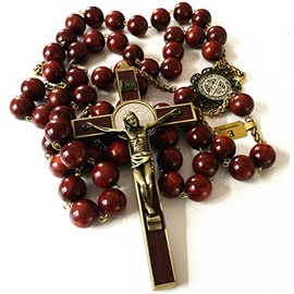 elegantmedical Large 20mm Red Rosewood Wood Beads Wall Rosary St. Benedict Crucifix Wooded Cross Catholic Gifts
