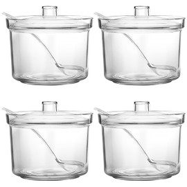 KoMvzyl 4 Pieces Plastic Sugar Containers for Countertop Clear Sugar Holder Dispenser Salt Bowl with Lid and Spoon with Tag for Serving Condiment Candy Coffee Tea Spices Herbs