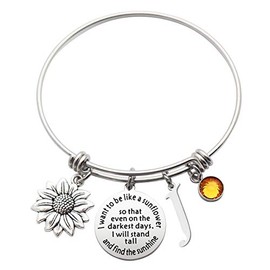 Eilygen Sunflower Bracelet Gift Initial Charm Bracelet 26 Letters Adjustable Bracelet for Women Encouragement Jewelry for Her (Sunflower Bangle J)