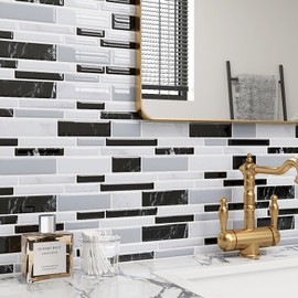 ReWallpaper Black and White Backsplash Tiles Peel and Stick 12"x12" Grey Marble Look Back Splash Stick on Tiles for Kitchen RV Fireplace Self Adhesive 17 Sheets Bathroom Stickers for Wall Decoration