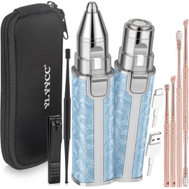 Facial Hair Removal for Women, Electric 2 in 1 Face Shaver and Eyebrow Trimmer, Ear Wax Removal Tool with Storage Box, Rechargeable Nose Hair Trimmer for Women with Built-in LED Light - Color: Blue
