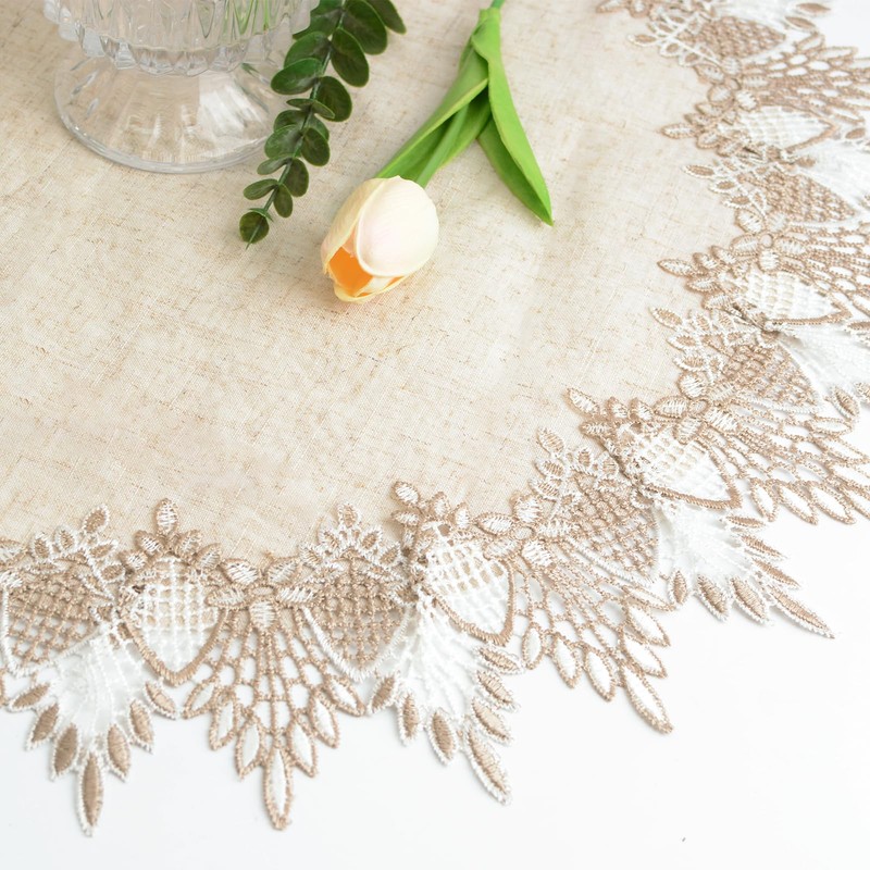URROMA Round Doilies Linen 60x60cm Beige Tablecloth Lace Trim Coffee
