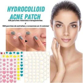 216 Parches para acné.108 Redondos y 108 Estrellas y Corazones! Parches hidrocoloides absorbentes para tratar la erupción de acné y espinillas para el cuidado de la piel. Funciona para todo tipo de piel. Material seguro y suave que no secará ni dañará la 