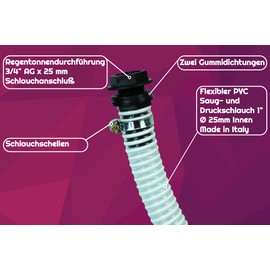 GASMIS Water butt connection 3/4 inch, rain barrel overflow - connection 3/4, hose 25 mm inner - connection hose 50 cm, transparent