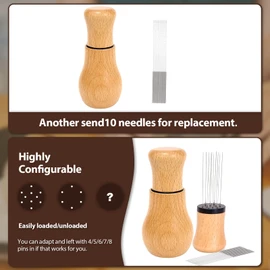 WDT Tool, Espresso Distribution Tools 10 +10 * 0.3mm Needles Espresso Coffee Stirrer Nature Wood Handle with Stand (Beechwood)