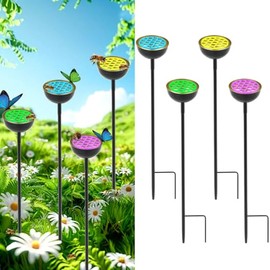 4 Pack Bee Waterer and Butterfly Water Stations for Garden with Bee Island, Bee Water Catcher for Thirsty Pollinators, Bee Bath, Colorful Metal Garden Sculpture Stakes Decor