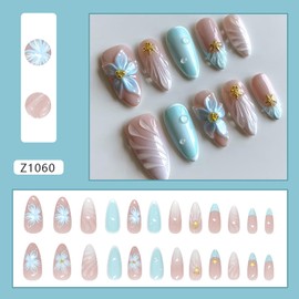 Press on Nails Almond Shaped Medium Artificial Acrylic Fingernails French 3D Floral Gold Starfish Pattern Design Press Ons Glossy Stick on Nails Full Cover Reusable Coffin False Nail for Women 24pcs