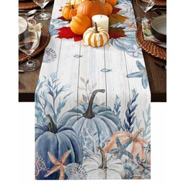 Blue Orange Coastal Fall Table Runner-Cotton Linen- 70 Inch Holiday Dresser Scarves, Thanksgiving Pumpkins Maple Leaf Tablerunner for Kitchen Coffee/Dining Bedroom Dinner Scarf Décor 13x70
