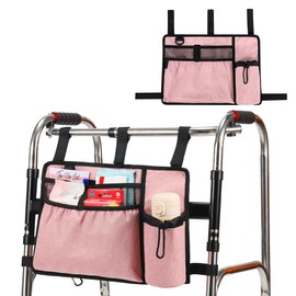 Walker Bags for Folding Walker Accessories Seniors Pouch Cup Holder Carry Organizer Storage Drive with Pockets Velcor Detachable -Pink