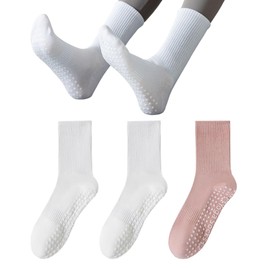 vvallis Pilates Socks, Yoga Socks with Grips for Women, 3 Pairs Non Slip Grip Socks for Barre, Dance, Barefoot Workout (Cotton Blend, C04-2 White+1 Pink)