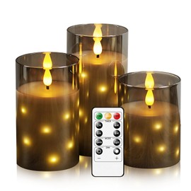Nimiko Real Wax Flameless Candles Glass,Battery Operated LED Candles with Flickering Flame,Glass Shell,Interior Star Light Decoration Set of 3 Grey (D 3"×H 4" 5" 6") for Home Decor,Holiday Decoration