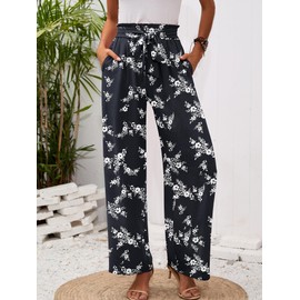 Heymoments Women's Wide Leg Lounge Pants with Pockets White Flower Navy Large Lightweight High Waisted Adjustable Tie Knot Loose Comfy Casual Trousers