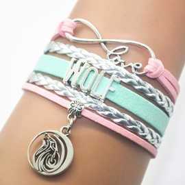 HHHbeauty Wolf Bracelet - Leather Infinity Love, Unisex, Adjustable Pink Silver and Mint Green