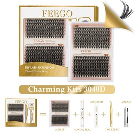 FEEGO 280Pcs False Eyelashes 60D80D 10-18MM Fluffy Eyelash Kit with Tweezers Brush Remover Bond and Seal D Curl Lash Extensions Set - Specification: 3040D Charming Kit