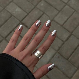 Mirror Metal Silver Press on Nails Short Square, Chrome Glazed Short Gel Nails Press on Bling Shiny Plating Nails Acrylic Nails Reusable Thick Fake Nails for Women Glue on Nails Short False Nails