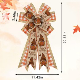 Large Fall Bow for Wreath, Burlap Orange White Buffalo Plaid Wreath Bow for Autumn Décor Gnome Autumn Bow for Front Door Indoor Outdoor Wall Tree Topper Decoration Supplies Thanksgiving Ornament