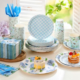 Sinmoe 400 Pcs Spring Plates and Napkins Set Paper Flower Dinnerware Disposable Party Supplies for 50 Guest Dinnerware Knife Fork Spoon for Spring Birthday Party(Blue,Hydrangea)