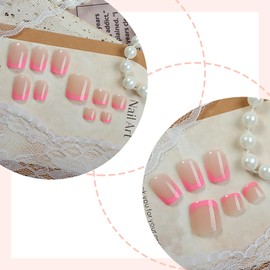 Eoopoon 48Pcs Gradient Pink French Tip Press On Nails & Toenails Set – Medium Square Fake Nails Full Cover Acrylic Stick On Nail Kit for Women Girls, Reusable Charming Nail Kit(Gradient Pink)