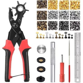 Belt Hole Puncher with 240 Sets of Leather Rivets - Updated Hole Sizes Puncher for Belt, Watch Band, Strap, Dog Collar, Saddle, Shoes, Fabric, DIY Home or Craft Project