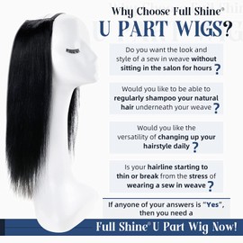 Full Shine U Part Human Hair Wig Natural Hair Half Wig Jet Black Straight Human Hair 20Inch U Part Wigs Human Hair Remy Straight 150Grams Invisible Hair Extensions