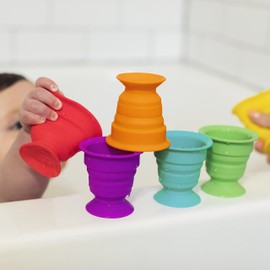 Baby Einstein Stack & Squish Cups, 6 Cups with Suction Cup, Interlocking Sensory Toy for Beach, Bath & Floor, Infant to Toddler, 12494