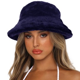 Sydbecs Winter Bucket Hat Fluffy Faux Fur Fisherman Cap for Women Men Solid Color Style(Navy)