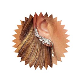 Yienate Fashion Silver Feather Earrings Angel Wings Crawler Climber Water Drops Shiny Zircon Rhinestones Ear Bone Clip Stud Earrings for Women and Girls, Alloy Steel
