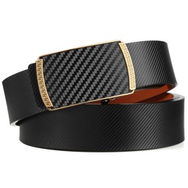 Huztencor Gold Buckle Belt Men, Ratchet Belt Dress Leather Hidden Tail, Jeans Belt with Easier Slide Gold Buckle，Carbon Fiber Black Brown 005 34"-36" 115CM