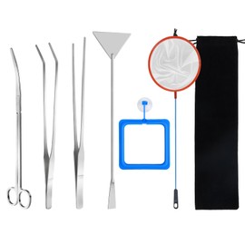 Lweiiws Aquarium Aquascape Tools Kits, 7 in 1 Anti-Rust Aquatic Plant Aquascaping Tool Stainless Steel Silver Tweezers Scissors Spatula with Storage Bag and Fish Net for Aquarium Tank Clean