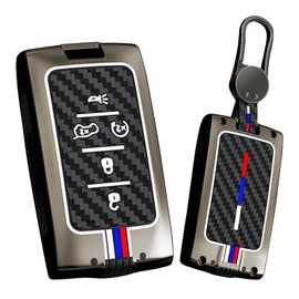 HIBEYO 5 Button Key Fob Cover Compatible with Jeep Grand Cherokee Grand Wagoneer 2021 2022 2023 2024 Accessories Alloy Carbon Fiber Texture Key Shell with Keychains-5 Button Black