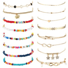 Dochais 15 Piece Shiny Silver Anklet With Rhinestone Waterproof Waterproof Waterproof Boho Adjustable Summer Anklet Ladies Anklet Vintage Beaded Anklet, 21 Cm (16 pieces)