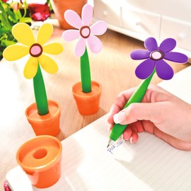 Burwells Set of 3 Flower Pens with Pot Stands - Pink Yellow Purple Orange Pots - Novelty or Gift Stationery