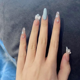 Nail Tips, Set of 24, 12 Different Sizes, Medium Length, Light Blue, Lustrous, White Butterfly, Cool Light Blue, Perfect for Summer