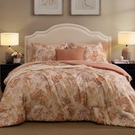 BLOOMHAVEN Queen Comforter Set -7 Pieces Terrecotta Floral Comforter Set for All Seasons, Bed in a Bag Queen with Botanical Flowers Comforter, Sheets, Pillowcases & Shams