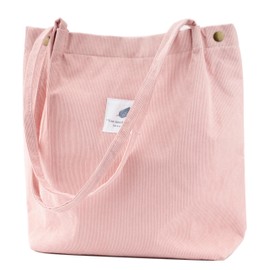 TOPASION Cute Corduroy Tote Bag Canvas Shoulder Handbags for Women Travel Shopping (Sakura Pink)