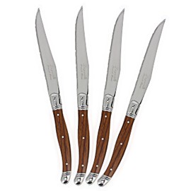 French Home Laguiole 4-Piece Steak Knife Set – Sophisticated Stainless Steel Dinner Knives with Wood Grain Handles & Iconic Bee Emblem – Serrated Knives for Smooth Cutting (9.25")