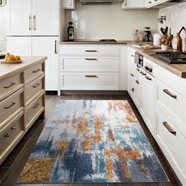 Entryway Rug Indoor Door Mat 3x5 Washable Boho Small Area Rug Non-Slip Ultra Soft Faux Wool Vintage Rug for Kitchen, Bathroom, Entrance, Throw Carpets for Bedroom, Living Room (Blue, Grey, Gold)