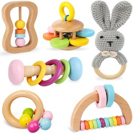 6 PCS Wooden Baby Rattle, Organic Colorful Baby Hand Rattles Set, Wood Rattles for Babies 0-6-12 Months, Wooden Teether Crochet Rattle Toy for Newborn Infant, Montessori Toys for Babies 0-6 Months