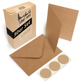 Japun - Set of 50 blank folding cards with envelopes, folding cards for designing, labelling or printing - DIN A6 / C6 - brown