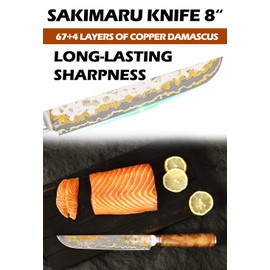 YOUSUNLONG Sakimaru Knife 8" - Japanese Sushi Knife - Handmade Copper Damascus Steel Carving Knives - Ultra Sharp Salmon Knife - Naturel Burl Wooden Handle with Leather