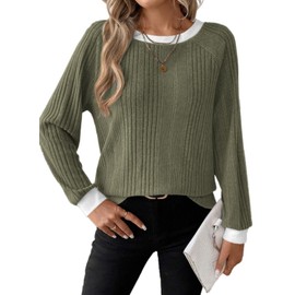 Dokotoo Teacher Outfits for Women Long Sleeve Shirts for Women Early Fall Fashion Cute Contrast Knitted Pullover Tshirts Shirts Solid Loose Fit Going Out Womens Tops Fall Clothes Medium Dark Green